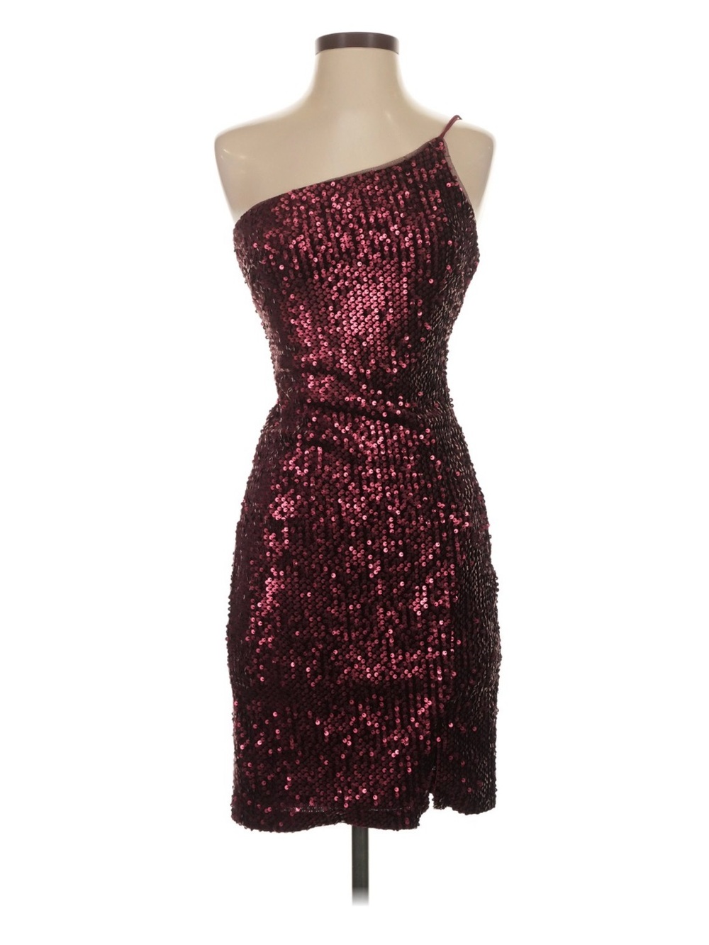 Betsy & Adam One-Shoulder Burgundy Sequin Cocktail Dress
